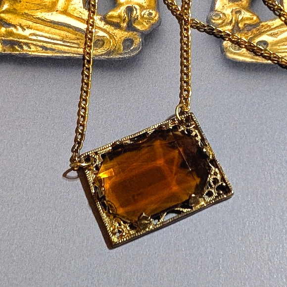 Art Deco 1930s Amber Crystal Filigree Necklace - Picture 4 of 6
